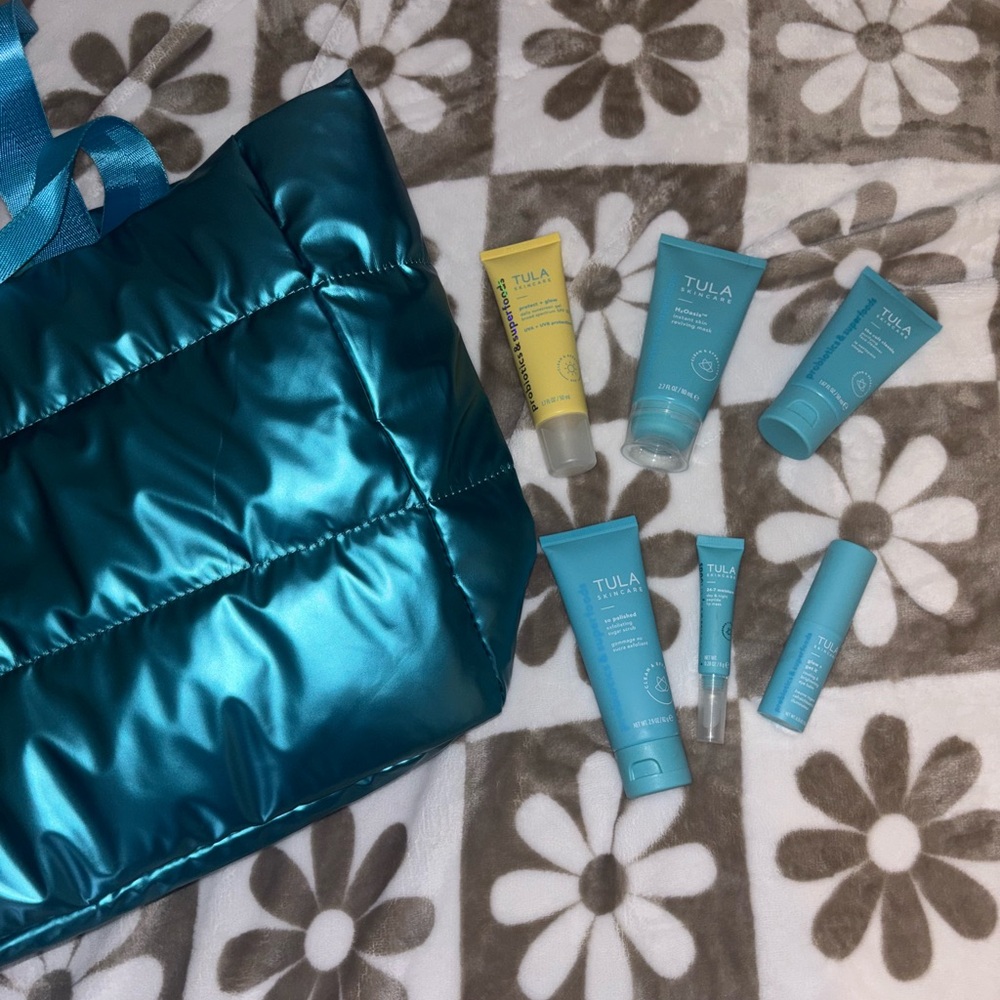 TULA full size Skincare Set with puffer Tote